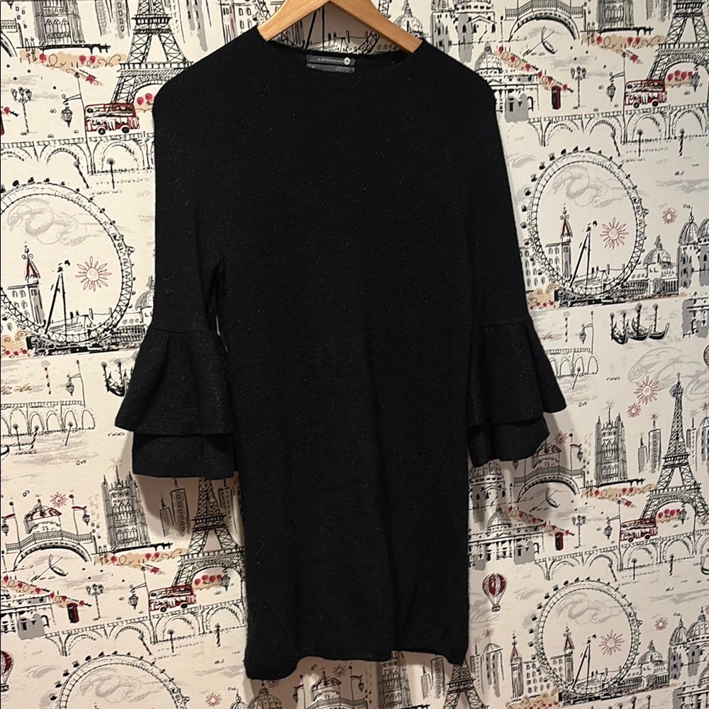 Anthropologie Black Long Sleeve Mini Dress with Ruffle Detail XS